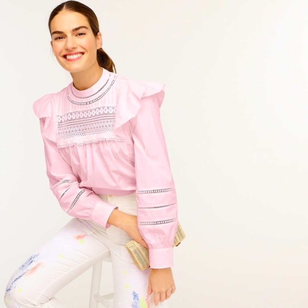 JCREW Crocheted Lace Ruffle Top NWT L Pink